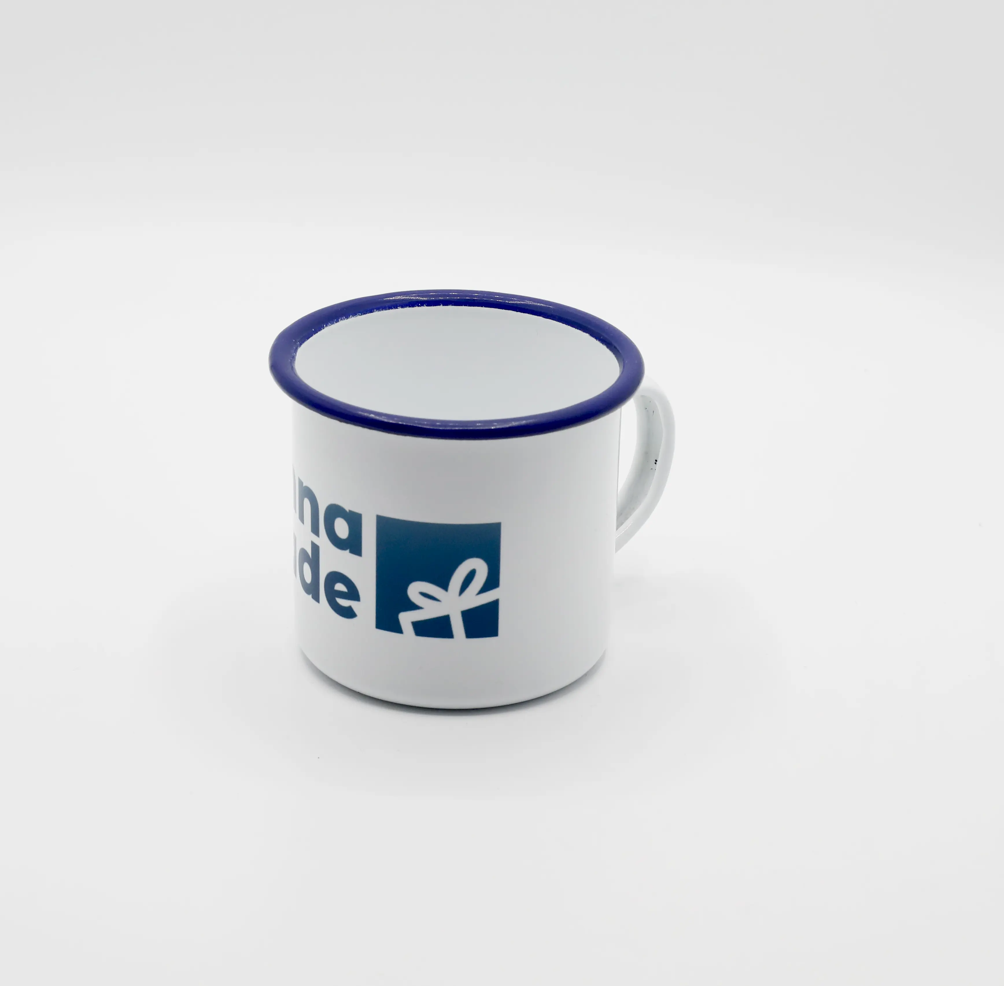 Emaille-Tasse weiß mit schwarzem Rand inkl. Druck