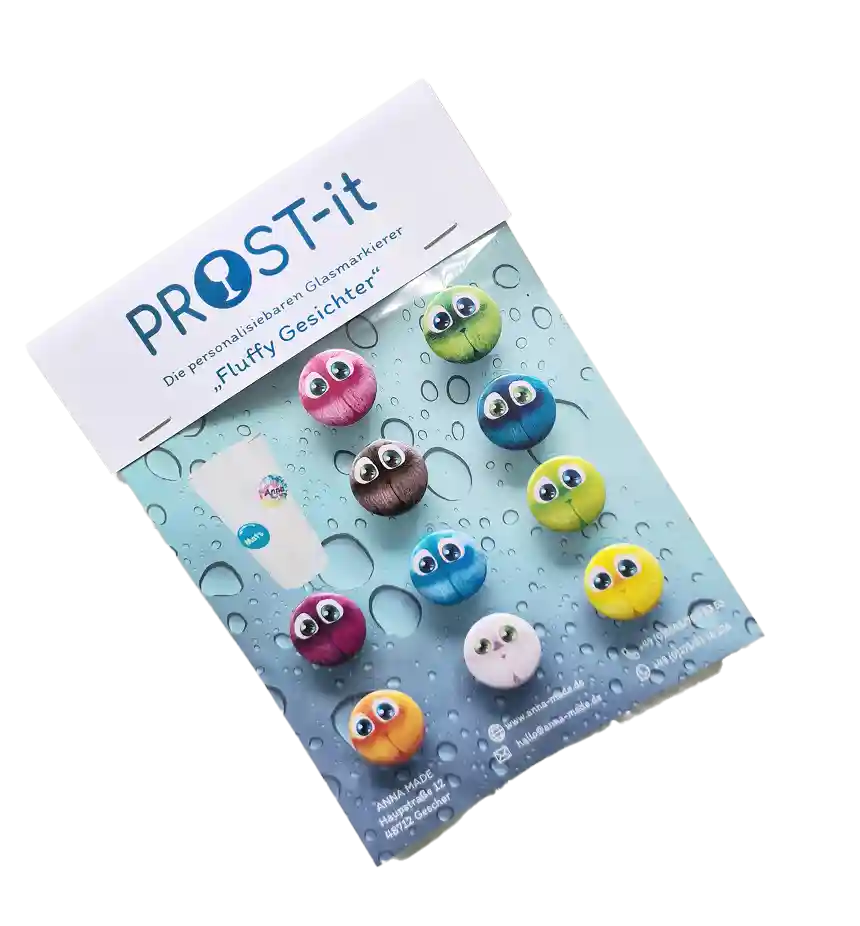 PROST-it Glasmarkierer Set "Fluffy-Gesichter" für Gläser oder Flaschen